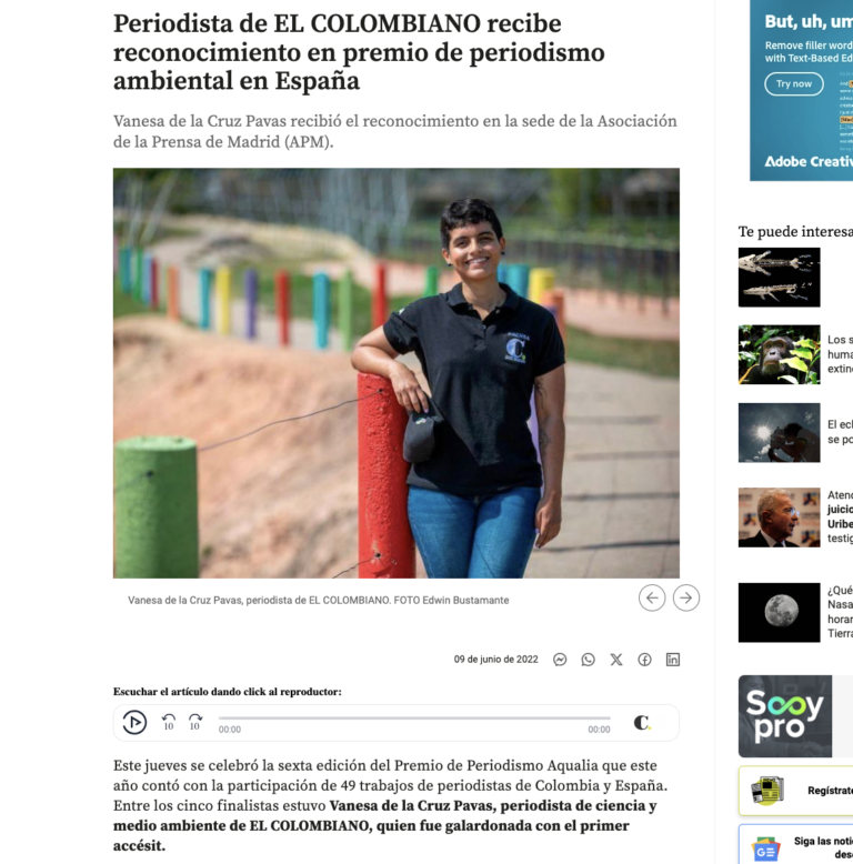 Screenshot of article in the newspaper El Colombiano about Vanesa's journalism award in Spain